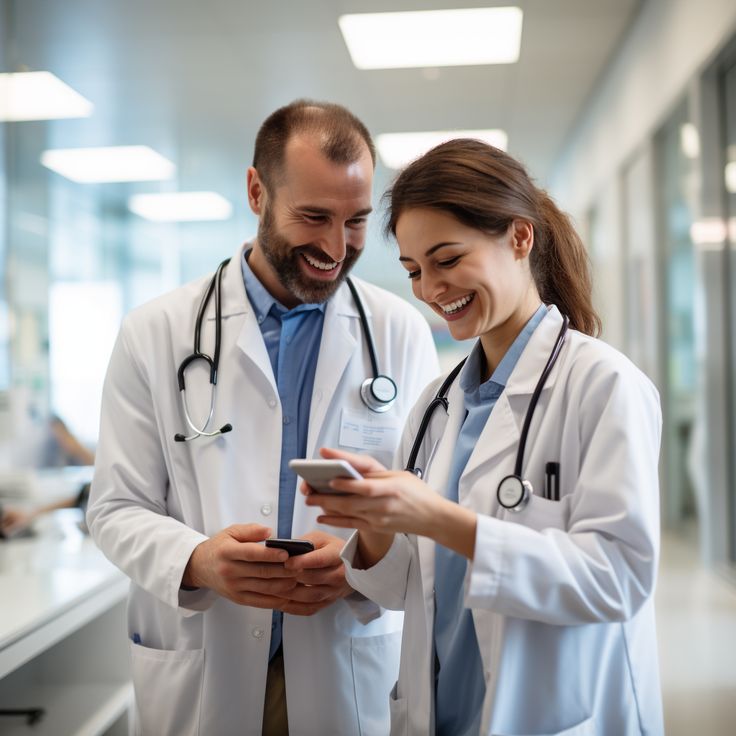 Photograph of happy yet serious doctors using an app on a phone in a hospital setting